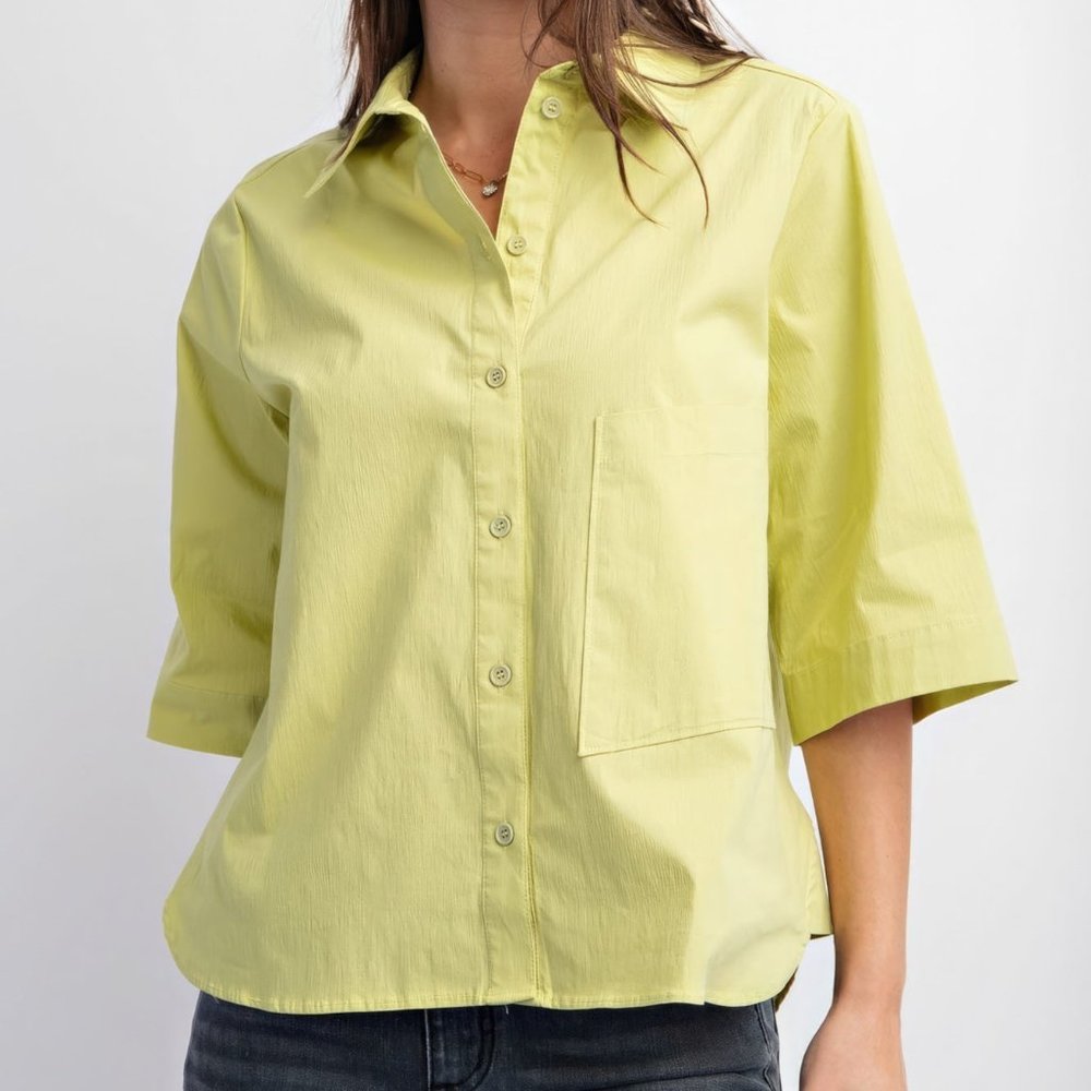 Half Slvs Stretch Poplin Button Down Shirt-Green Tea